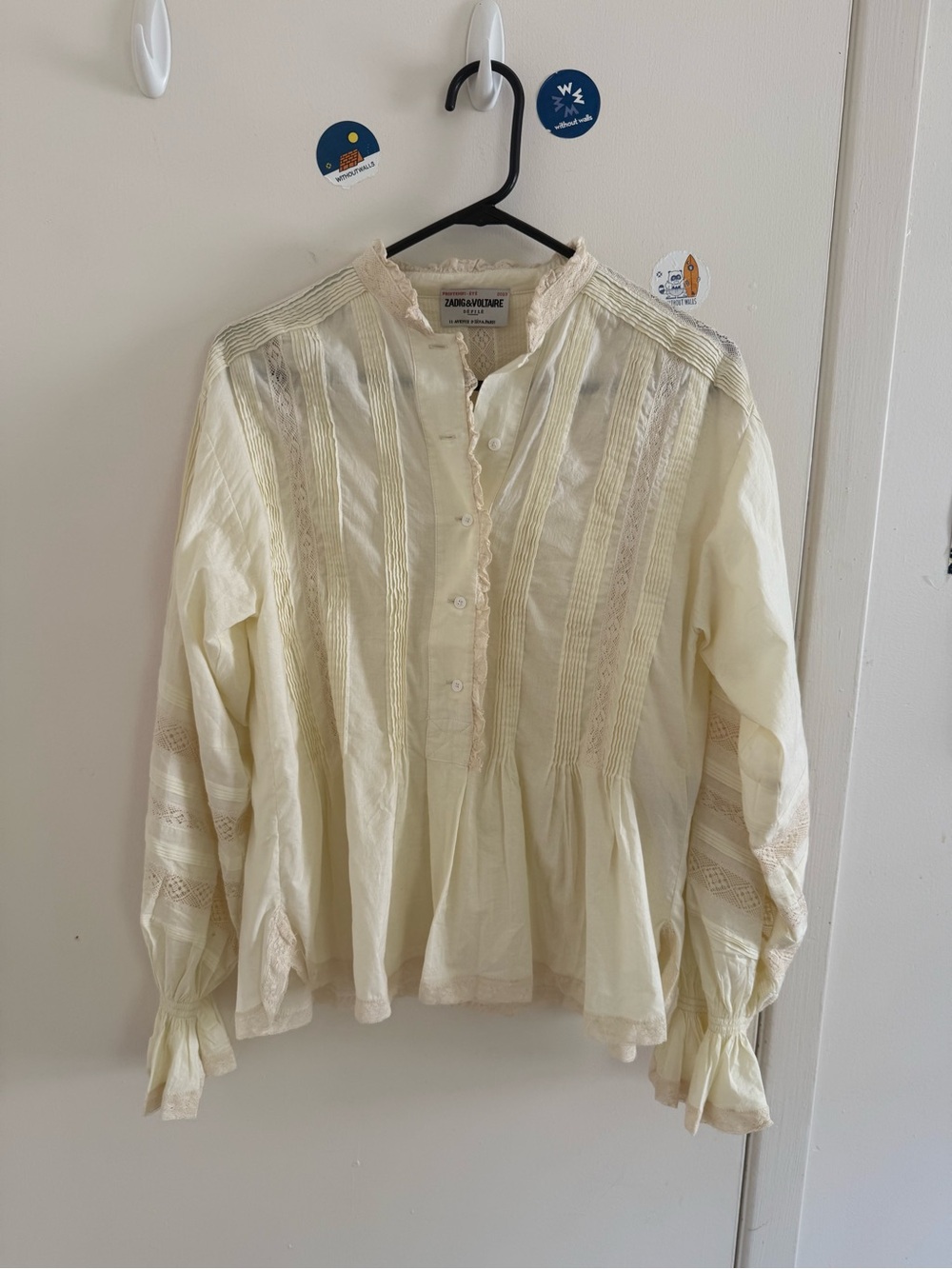 Zadig & Voltaire Cream Pintuck Lace Blouse - Size M.